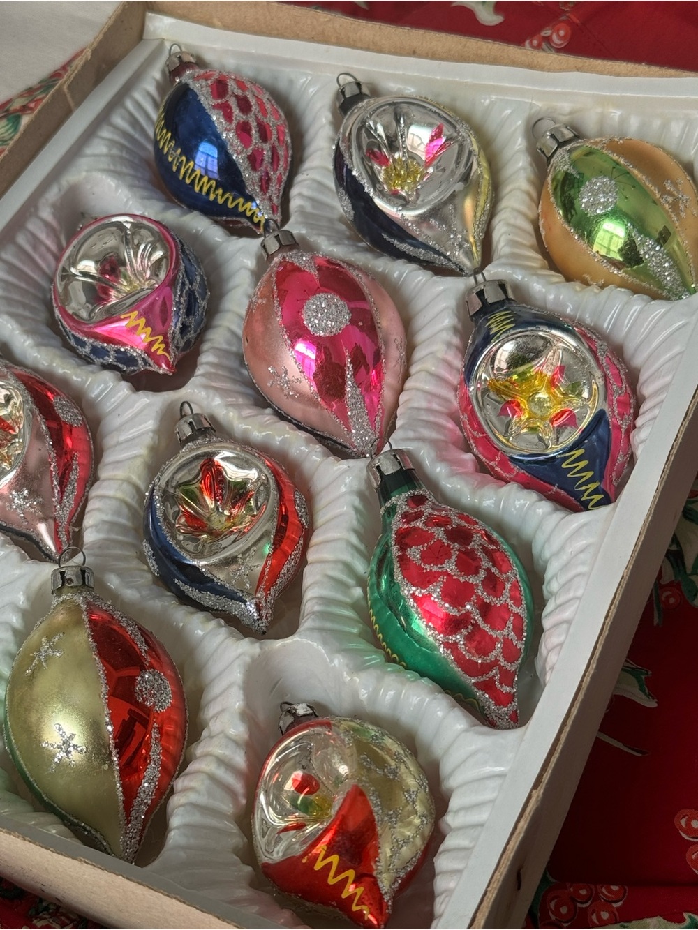 Set of 11 European indent hand painted glitter vintage Christmas ornaments